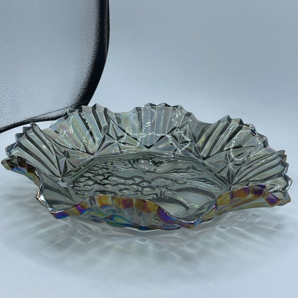Vintage Federal Glass Pioneer Smoke Iridescent Carnival glass ruffled bowl.